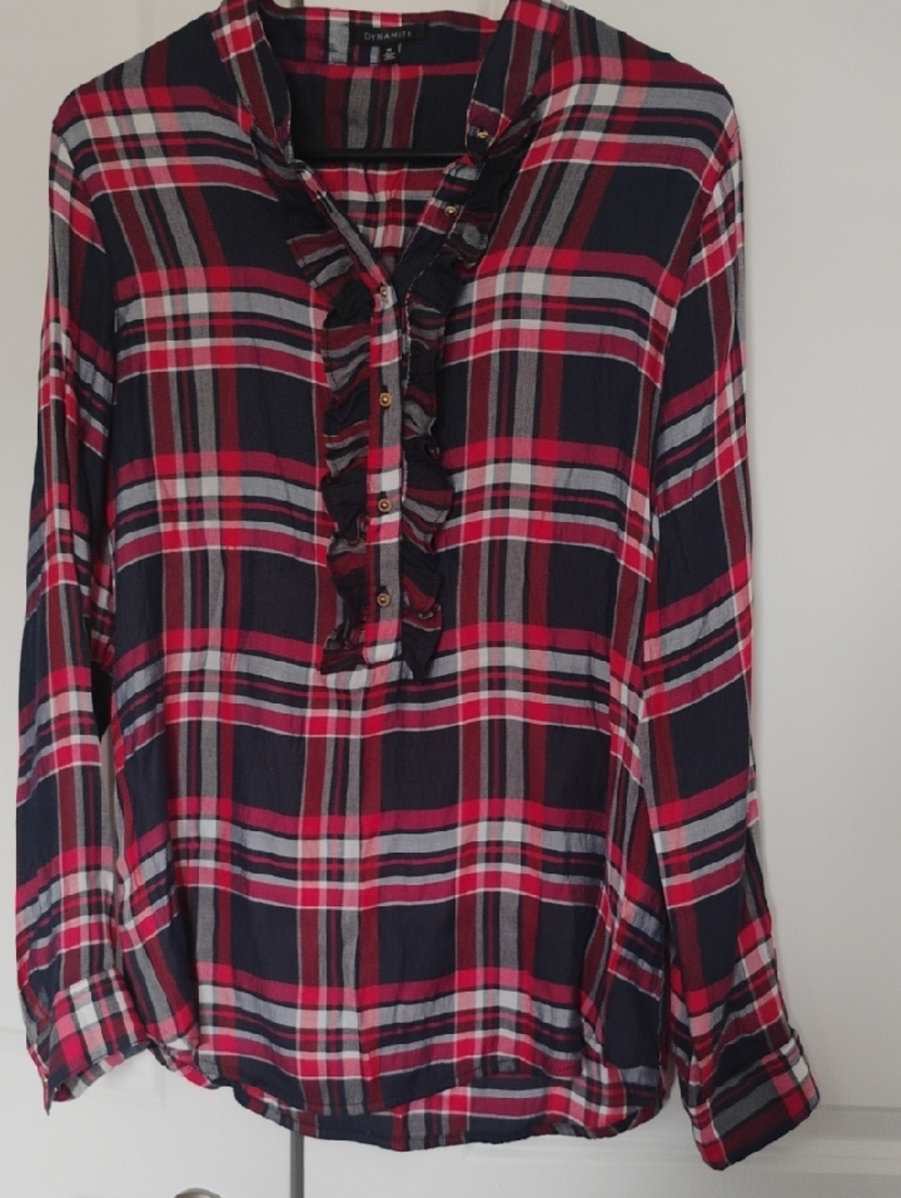 Dynamite Navy, Red & Gray Plaid Ruffle-Front Blouse